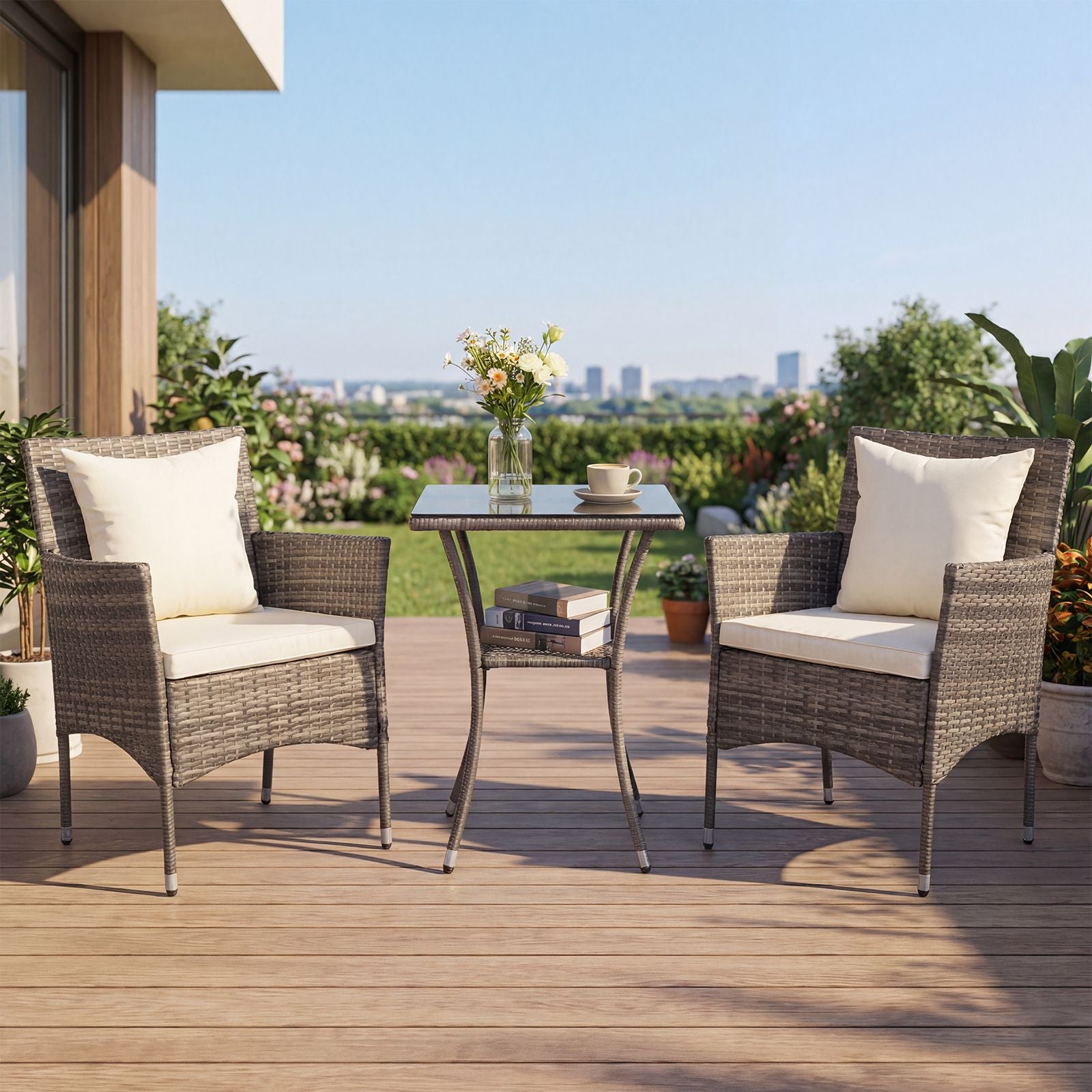 Salon De Jardin En Résine Tressée Table Et 2 Chaises Avec Coussins Et 2 Oreillers Pour Jardin Terrasse Balcon Beige/Gris