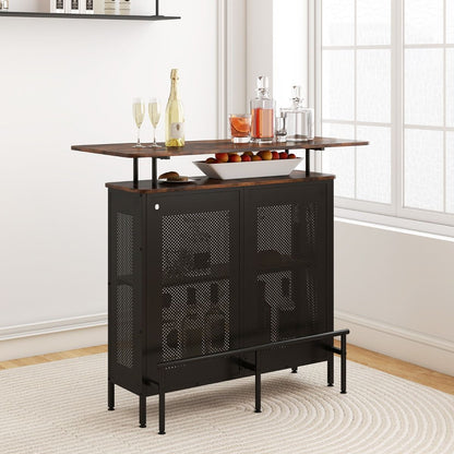Table De Bar À Domicile À 4 Niveaux Armoire De Bar Avec 2 Étagères Pour Vin Et 6 Supports De Verres Repose-Pieds En Métal 7 Pieds Réglables Noir/Marron