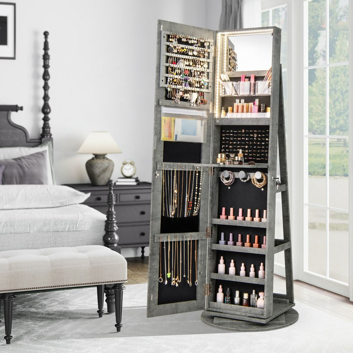 Armoire À Bijoux Pivotante À 360°Avec Lumières LED 3 Couleurs Miroir Pleine Longueur Et Étagère 3 Niveaux En Arrière 10 Couleurs Au Choix