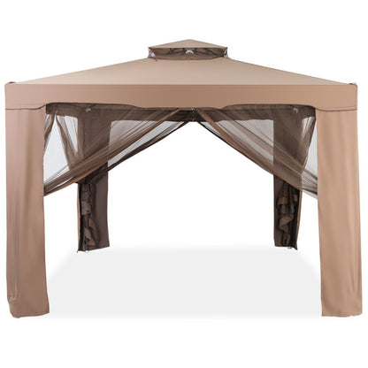 Tente De Réception Tonnelle De Jardin Imperméable Double Toits Moustiquaire Protection UV 50+ Imperméable 3X3M Pour Terrasse Jardin Brun/Beige