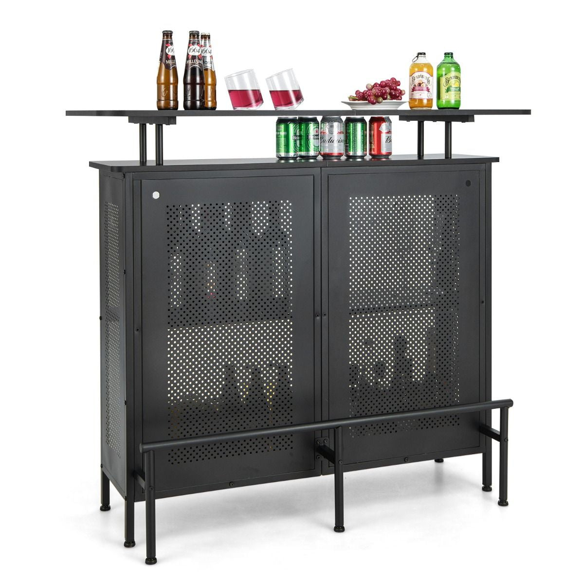 Table De Bar À Domicile À 4 Niveaux Armoire De Bar Avec 2 Étagères Pour Vin Et 6 Supports De Verres Repose-Pieds En Métal 7 Pieds Réglables Noir/Marron