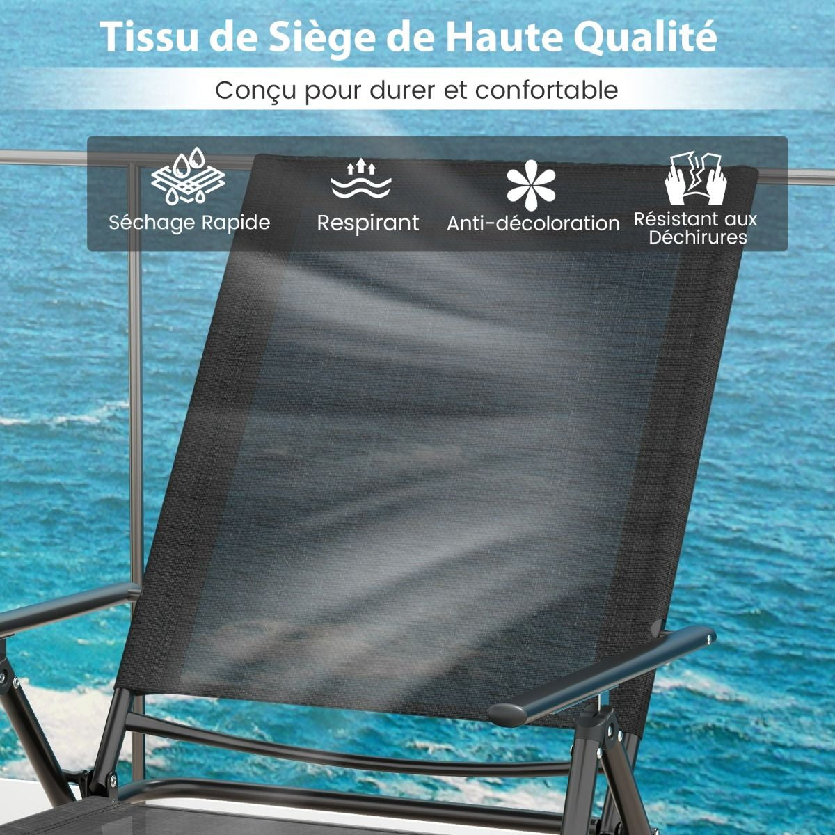 Chaises Longues Pliantes Fauteuil 2 Pièces Dossier À 6 Niveaux Tissu De Siège Respirant Cadre En Métal Solide Chaises Inclinables Réglables Gris/Noir/Café