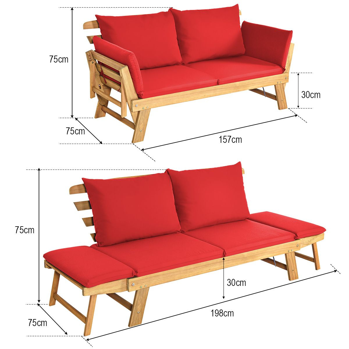 Chaise Longue Convertible Avec Coussin Canapé De Jardin 2 En 1 En Bois D’Acacia Avec Accoudoir Réglable 4 Couleurs Au Choix