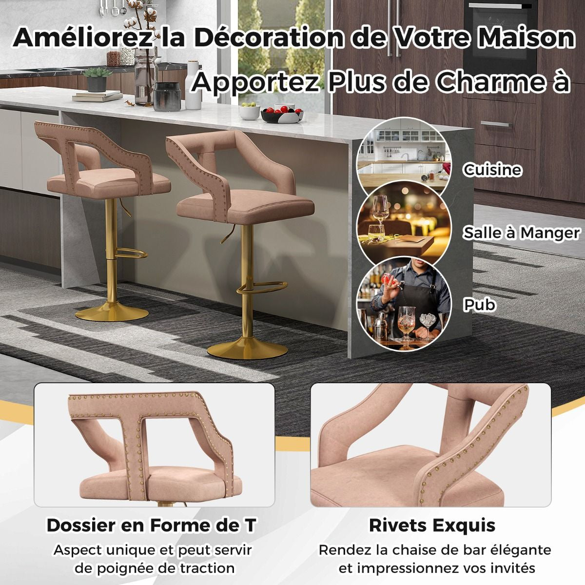 Lot De 2 Chaises De Bar Pivotantes Et Réglables Repose-Pied Base En Métal Galvanisé Anneau Antidérapant Gris/Rose
