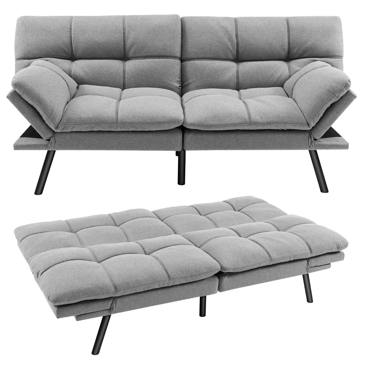 Canapé-Lit Futon Convertible En Mousse À Mémoire De Forme Avec Dossier Et Accoudoirs Réglables Canapé-Lit Futon Moderne Gris/Noir/Brun