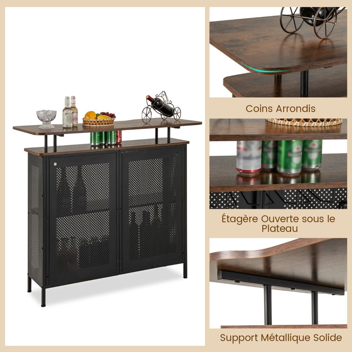 Table De Bar À Domicile À 4 Niveaux Armoire De Bar Avec 2 Étagères Pour Vin Et 6 Supports De Verres Repose-Pieds En Métal 7 Pieds Réglables Noir/Marron