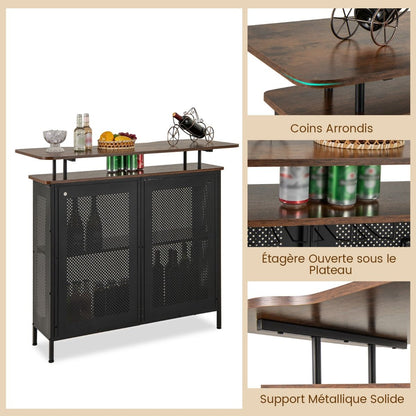 Table De Bar À Domicile À 4 Niveaux Armoire De Bar Avec 2 Étagères Pour Vin Et 6 Supports De Verres Repose-Pieds En Métal 7 Pieds Réglables Noir/Marron