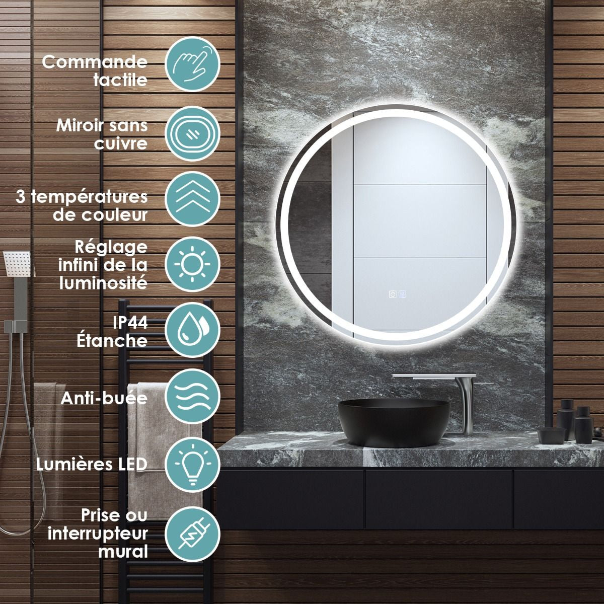 Miroir De Salle De Bain LED Ø 60 Cm Avec 3 Eclairages Interrupteur Tactile Et Fonction Anti-Buée