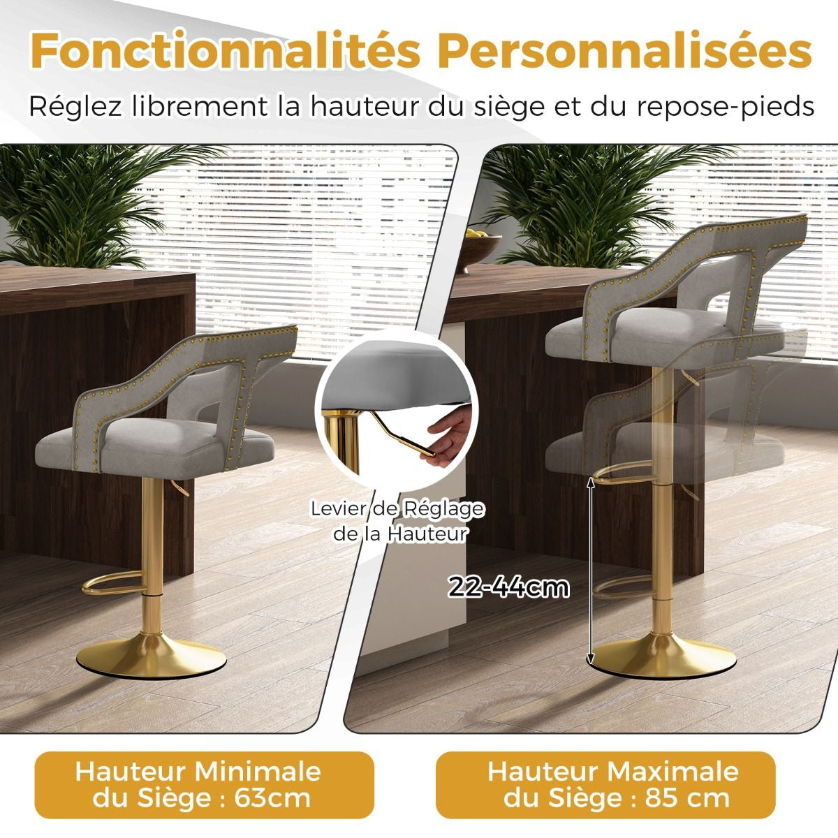 Lot De 2 Chaises De Bar Pivotantes Et Réglables Repose-Pied Base En Métal Galvanisé Anneau Antidérapant Gris/Rose