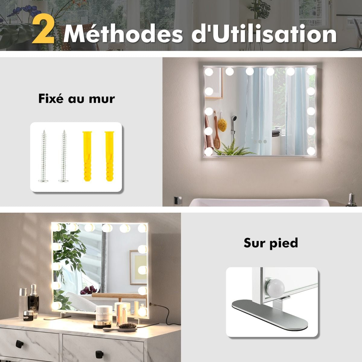Miroir Maquillage Hollywood 14 Ampoules LED Tactile Éclairage Luminosité Rglable Blanc Froid/Chaud/Neutre