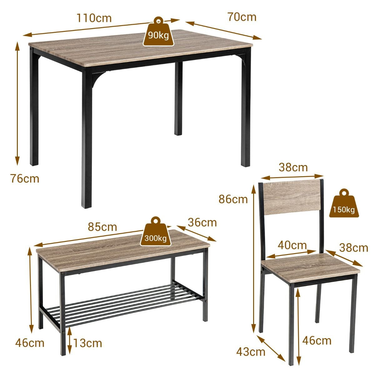 Ensemble Table Et 2 Chaise 1 Banc 4 Personnes Style Industriel Structure En Métal Pour Salle À Manger Restaurant Cuisine Marron/Gris/Café