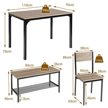 Ensemble Table Et 2 Chaise 1 Banc 4 Personnes Style Industriel Structure En Métal Pour Salle À Manger Restaurant Cuisine Marron/Gris/Café