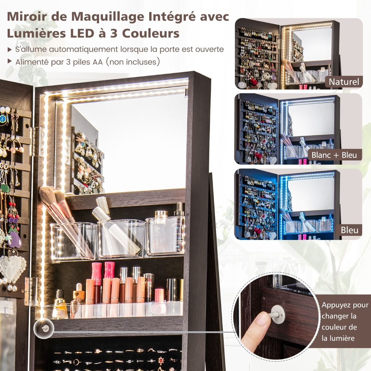 Armoire À Bijoux Pivotante À 360°Avec Lumières LED 3 Couleurs Miroir Pleine Longueur Et Étagère 3 Niveaux En Arrière 10 Couleurs Au Choix