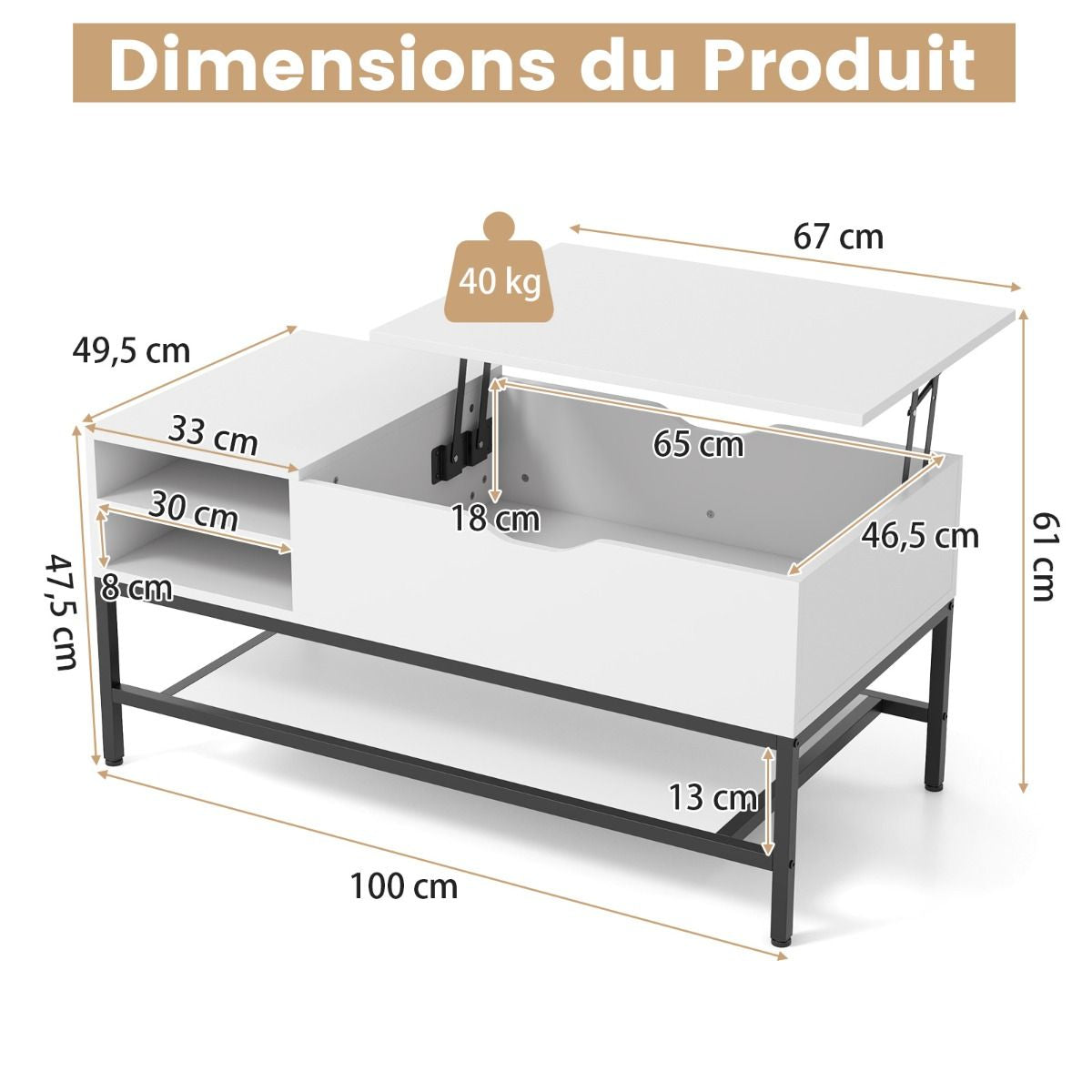 Table Basse À Plateau Relevable Table De Salon Avec Compartiment Caché Et Etagère De Rangement Amovible Table Centrale Rabattable Blanc/Gris
