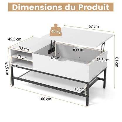 Table Basse À Plateau Relevable Table De Salon Avec Compartiment Caché Et Etagère De Rangement Amovible Table Centrale Rabattable Blanc/Gris