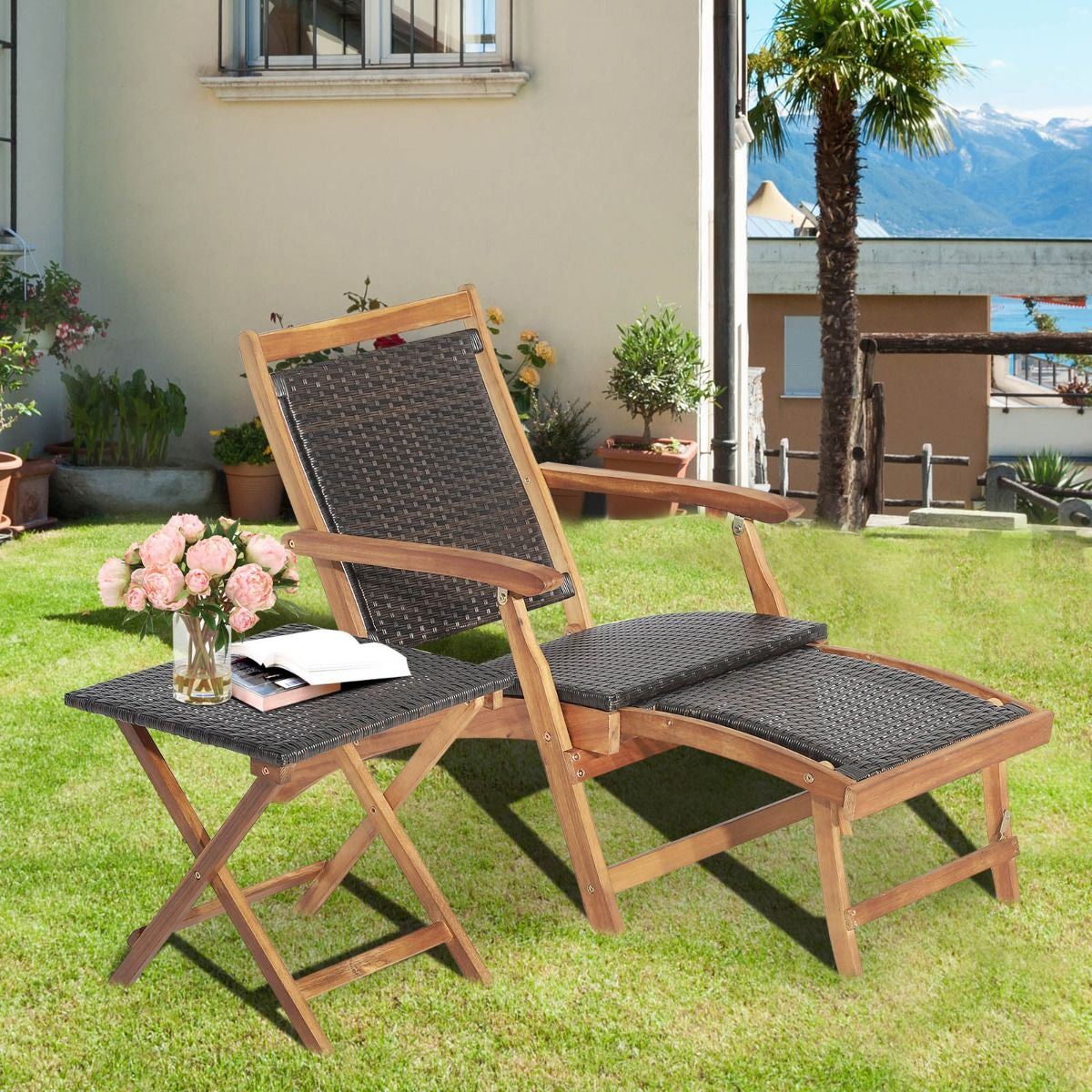 Chaise Longue En Rotin Avec Repose-Pied Rétractable Table D'Appoint Pliable Et Accoudoirs Pour Jardin