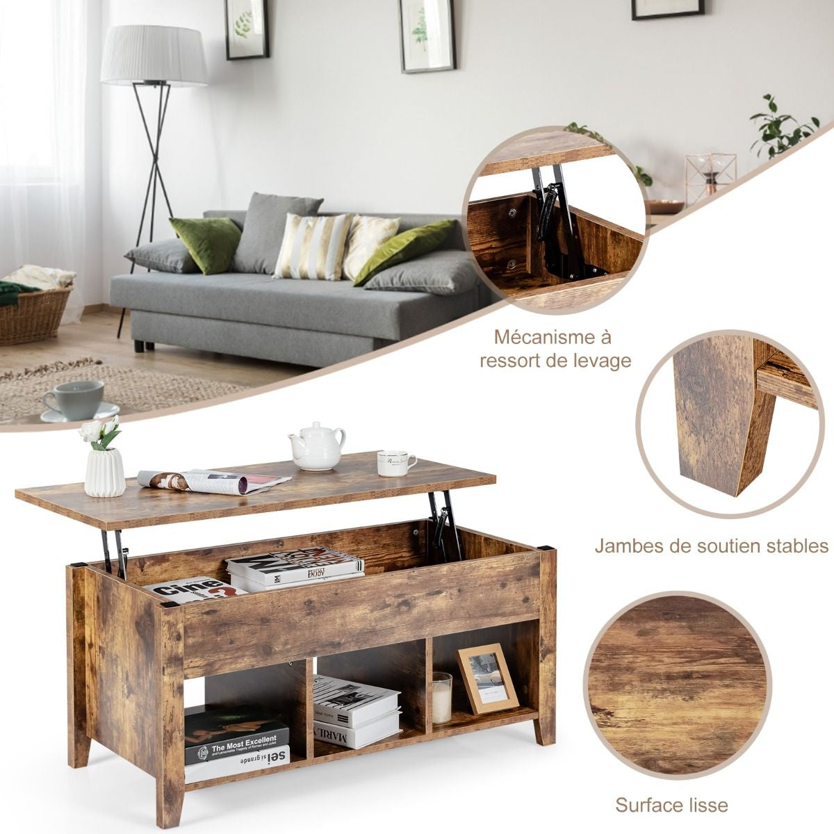 Table Basse Avec Plateau Relevable Noir 105 X 52 X 49 CM Avec Trois Compartiments Pour Rangement Design Contemporain Marron/Noir