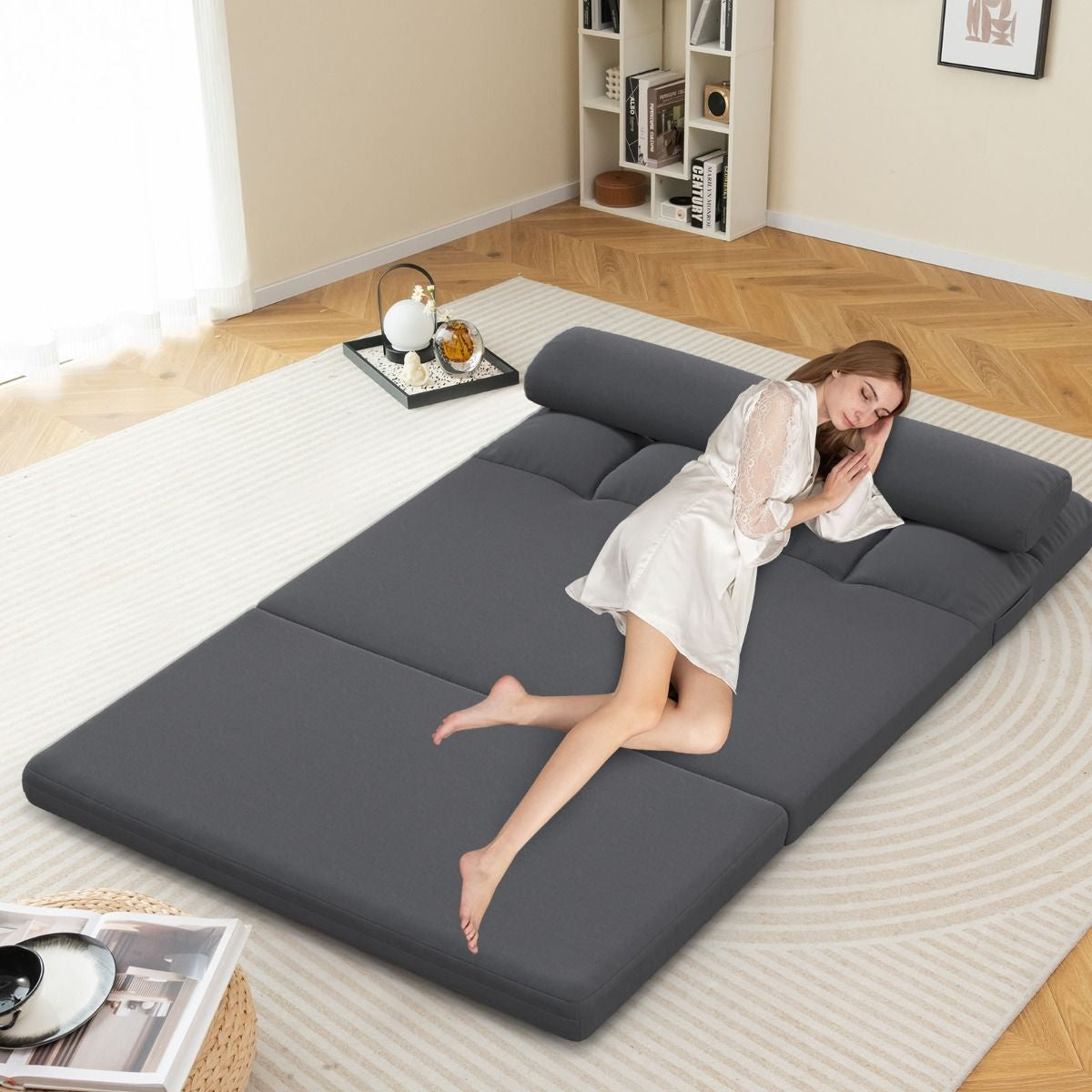 Canapé Lit Convertible En Velours Pliable Dossier Réglable À 6 Niveaux Avec 2 Coussins Gris Clair/Gris Foncé
