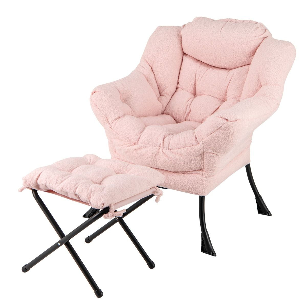 Chaise Paresseuse Avec Ottoman Fauteuil De Loisirs Rembourré Sherpa Moderne Avec Repose-Pied Pliable Coussin De Tête Beige/Gris/Rose