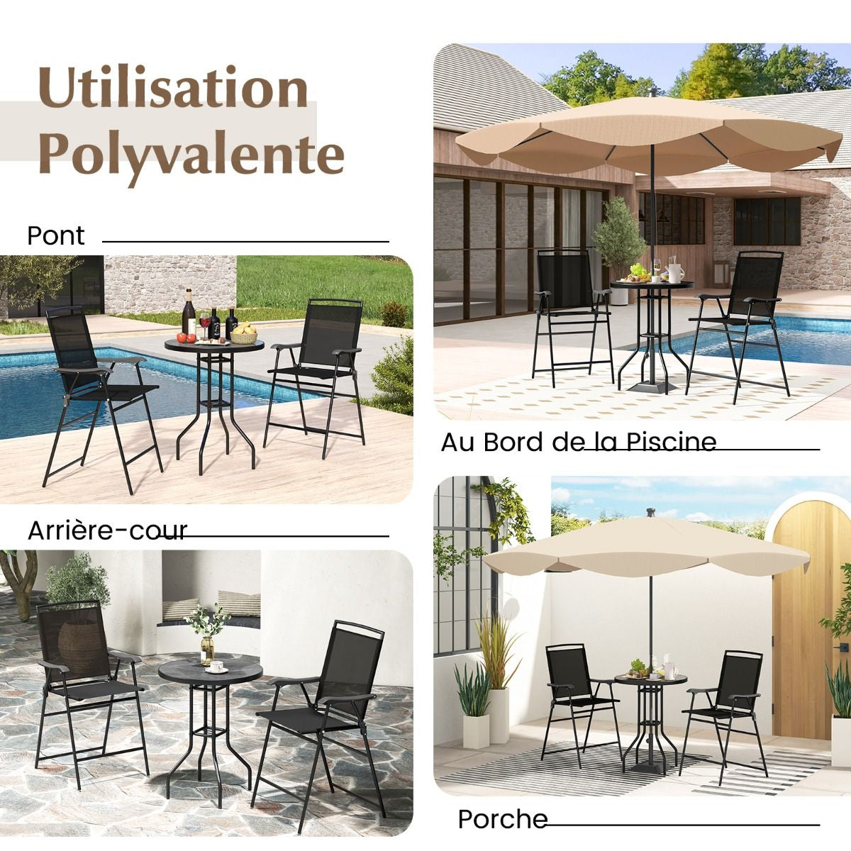 Bistrot Pour Patio 3 Pièces Table Et Chaises Pliantes De Bar De Jardin Avec Plateau De Table DPC Trou Pour Parasol Et Repose-Pieds