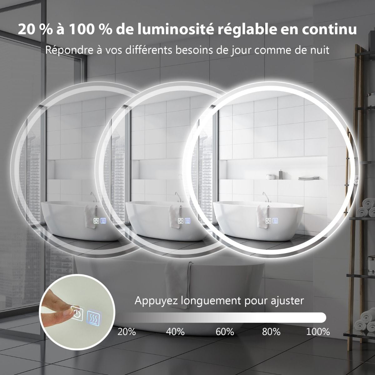 Miroir De Salle De Bain LED Ø 60 Cm Avec 3 Eclairages Interrupteur Tactile Et Fonction Anti-Buée