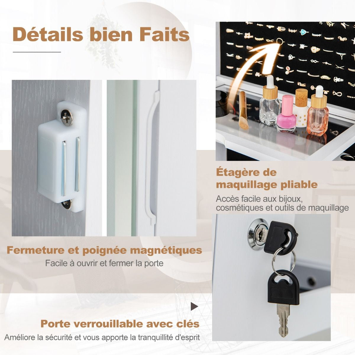 Armoire À Bijoux Avec Miroir Sur Pieds Pivotant 360° Grand Miroir Psyché Sans Cadre Avec LED Verrouillable Placard Beauté 3 Étagères Blanc/Café