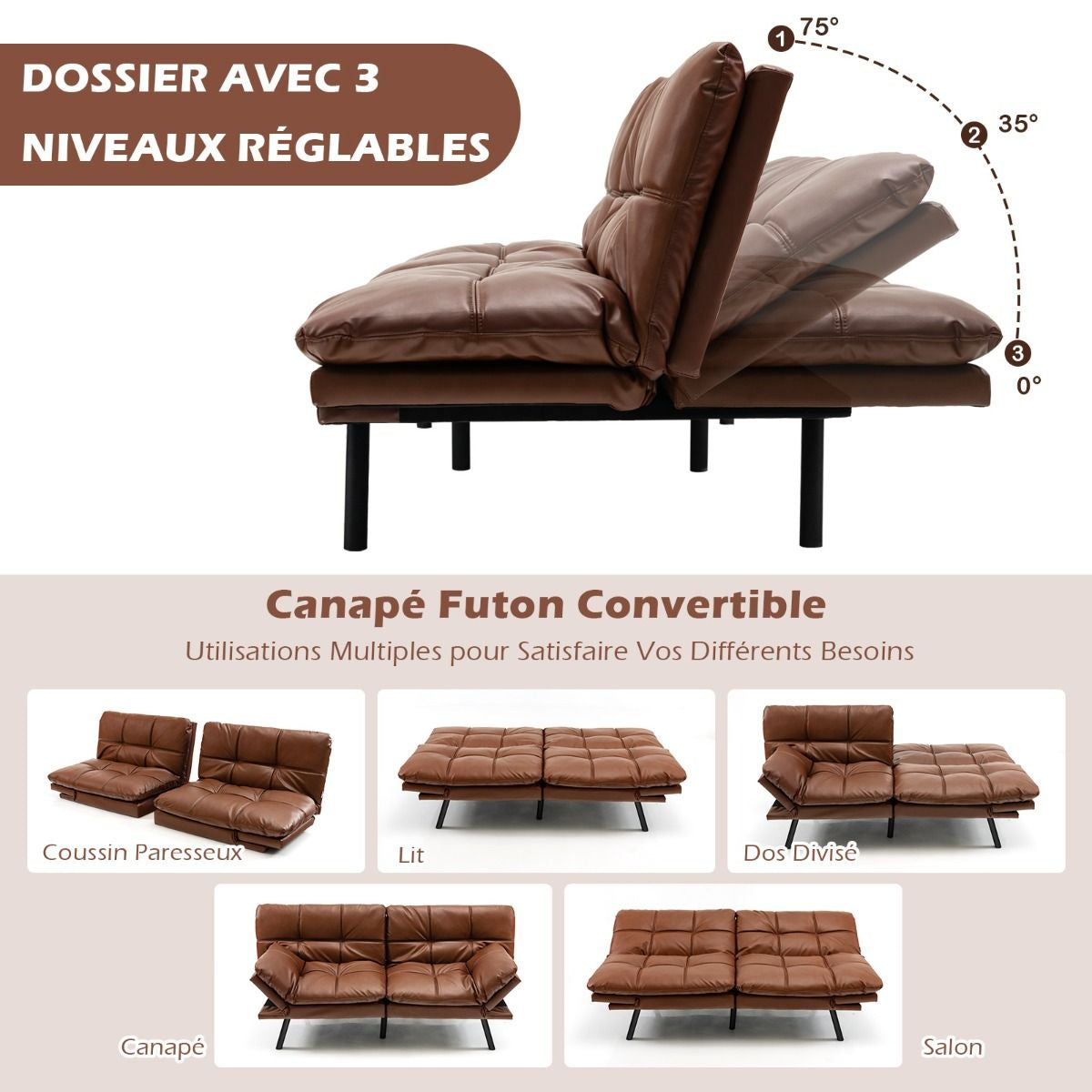 Canapé-Lit Futon Convertible En Mousse À Mémoire De Forme Avec Dossier Et Accoudoirs Réglables Canapé-Lit Futon Moderne Gris/Noir/Brun