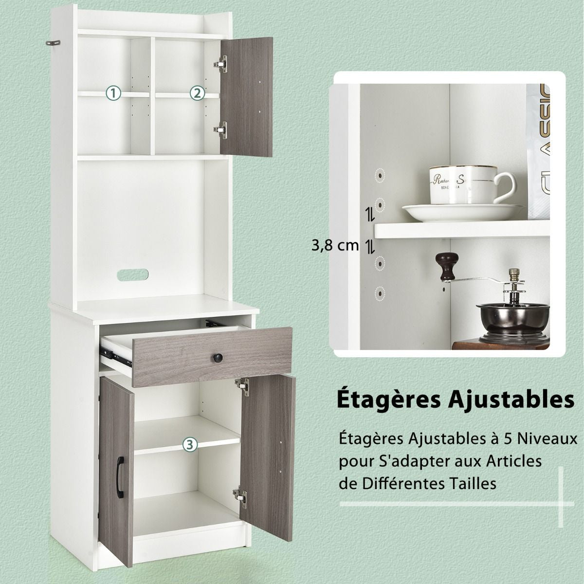 Buffet De Cuisine Meuble Cuisine Rangement Avec 3 Portes Et 1 Niche De Rangement Passe-Câble 60 X 40 X 180 CM Noir/Blanc