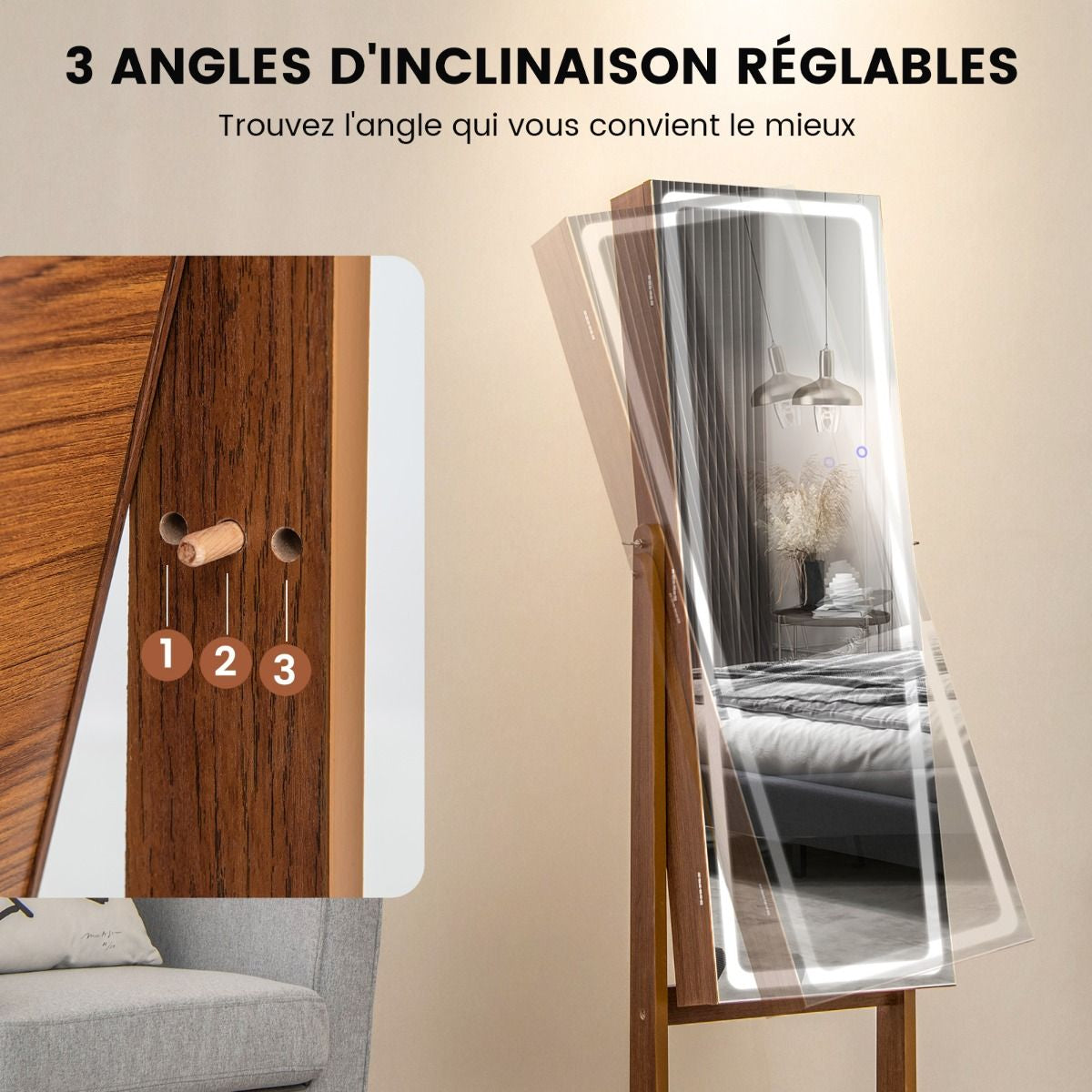 Armoire À Bijoux Sur Pied Avec Lumières LED Armoire Verrouillable Avec Miroir Pleine Longueur Éclairé Blanc/Marron Rustique/Noyer