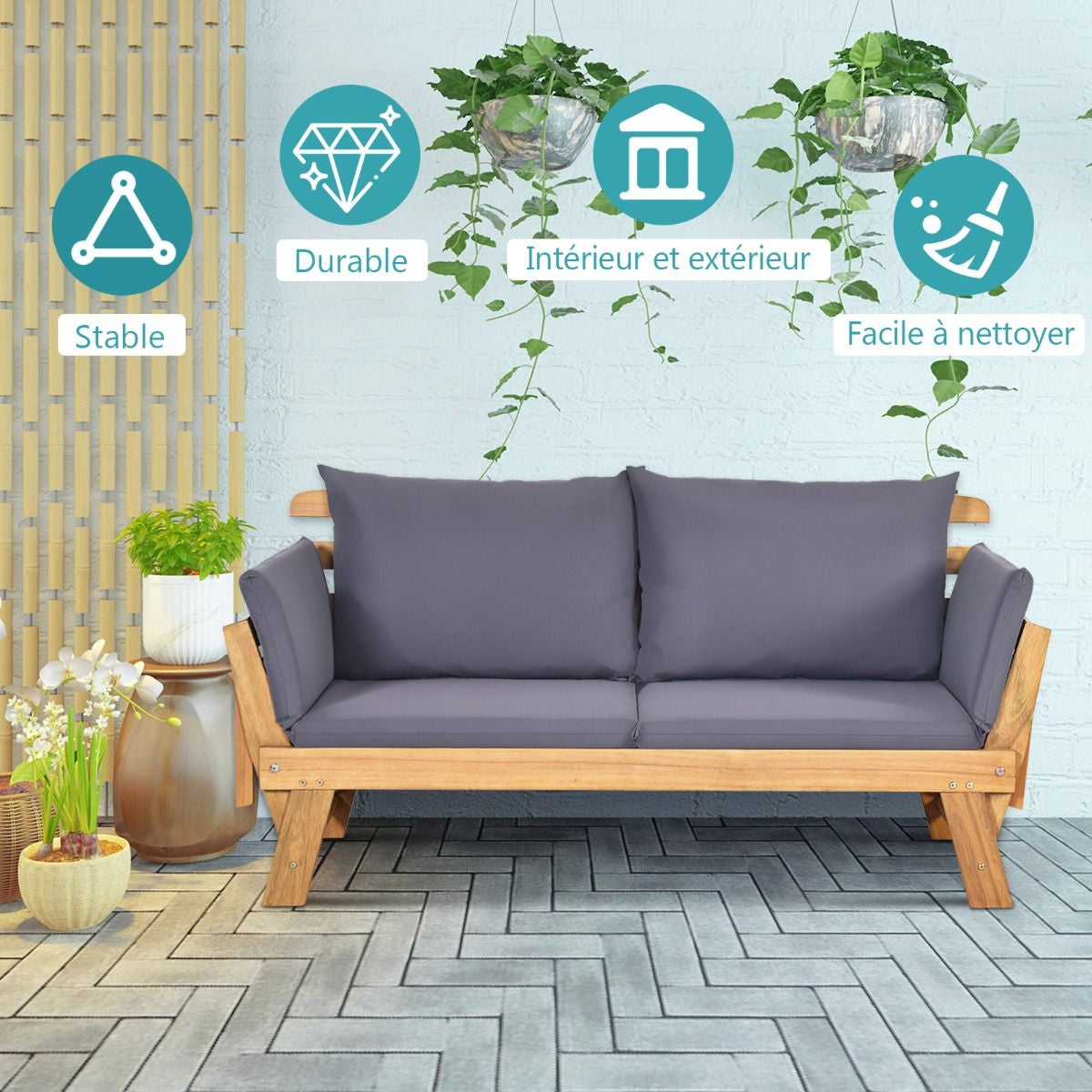 Chaise Longue Convertible Avec Coussin Canapé De Jardin 2 En 1 En Bois D’Acacia Avec Accoudoir Réglable 4 Couleurs Au Choix