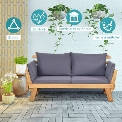Chaise Longue Convertible Avec Coussin Canapé De Jardin 2 En 1 En Bois D’Acacia Avec Accoudoir Réglable 4 Couleurs Au Choix
