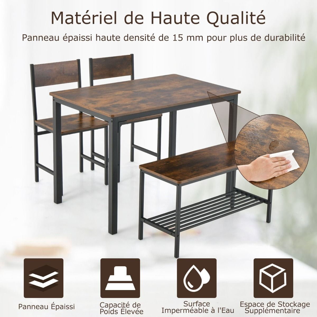 Ensemble Table Et 2 Chaise 1 Banc 4 Personnes Style Industriel Structure En Métal Pour Salle À Manger Restaurant Cuisine Marron/Gris/Café
