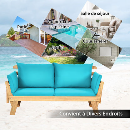 Chaise Longue Convertible Avec Coussin Canapé De Jardin 2 En 1 En Bois D’Acacia Avec Accoudoir Réglable 4 Couleurs Au Choix