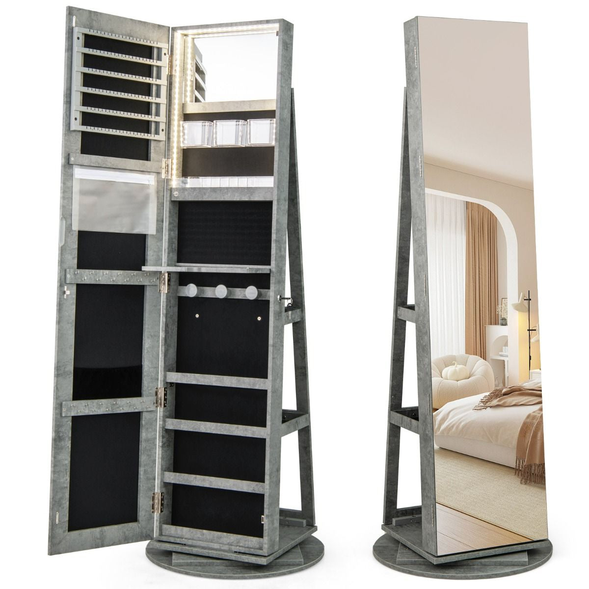 Armoire À Bijoux Pivotante À 360°Avec Lumières LED 3 Couleurs Miroir Pleine Longueur Et Étagère 3 Niveaux En Arrière 10 Couleurs Au Choix