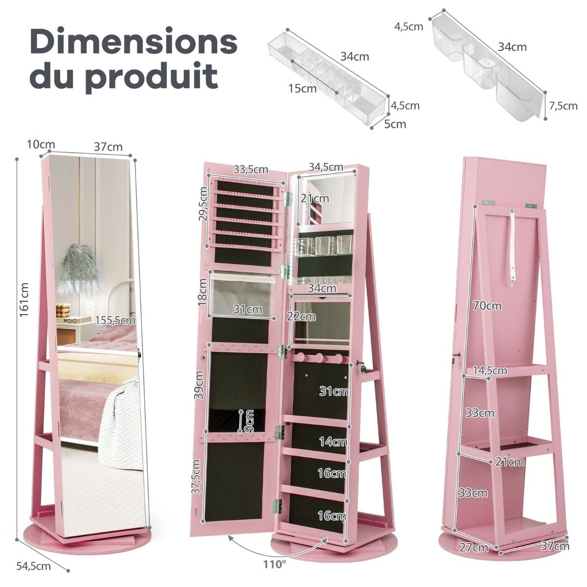 Armoire À Bijoux Pivotante À 360°Avec Lumières LED 3 Couleurs Miroir Pleine Longueur Et Étagère 3 Niveaux En Arrière 10 Couleurs Au Choix