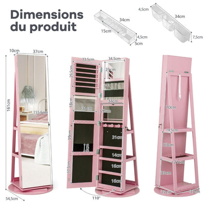 Armoire À Bijoux Pivotante À 360°Avec Lumières LED 3 Couleurs Miroir Pleine Longueur Et Étagère 3 Niveaux En Arrière 10 Couleurs Au Choix