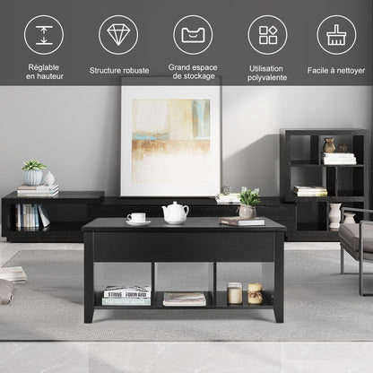 Table Basse Avec Plateau Relevable Noir 105 X 52 X 49 CM Avec Trois Compartiments Pour Rangement Design Contemporain Marron/Noir