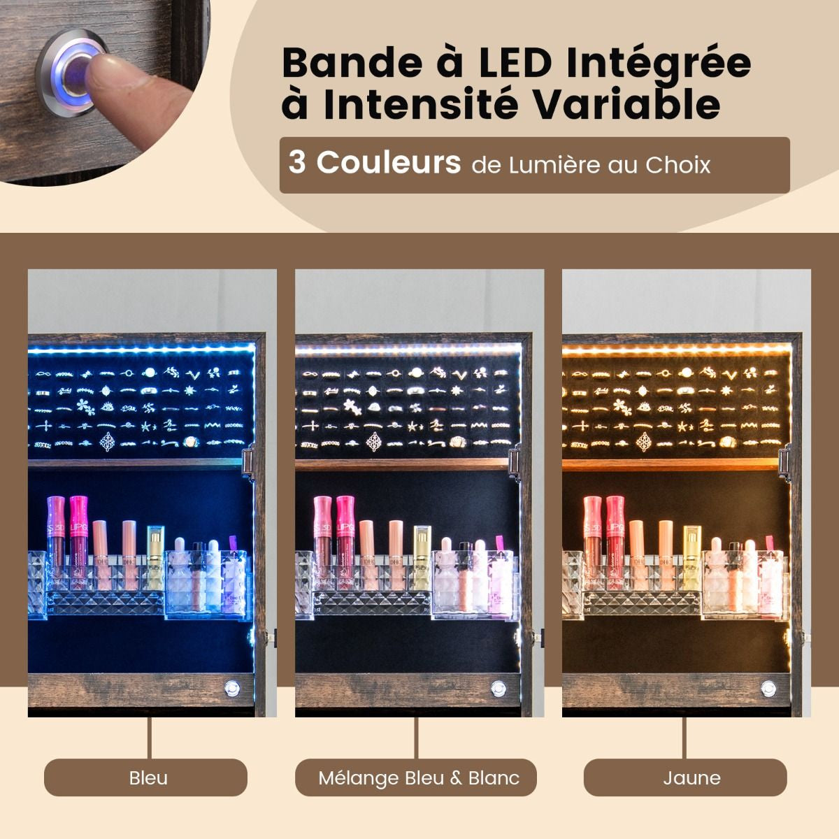 Armoire À Bijoux Sur Pied Avec Lumières LED Armoire Verrouillable Avec Miroir Pleine Longueur Éclairé Blanc/Marron Rustique/Noyer