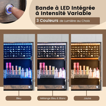 Armoire À Bijoux Sur Pied Avec Lumières LED Armoire Verrouillable Avec Miroir Pleine Longueur Éclairé Blanc/Marron Rustique/Noyer