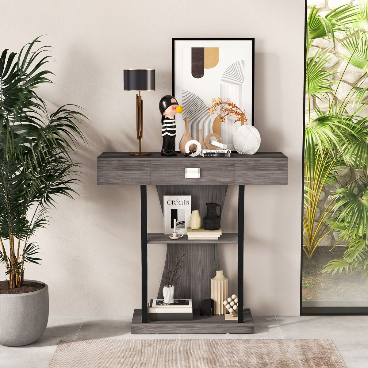 Table Console 3 Étagères Meuble D'Entrée L91 X P30 X H88 Style Scandinave Dispositif Anti-Renversement Brun Rustique/Noir/Gris