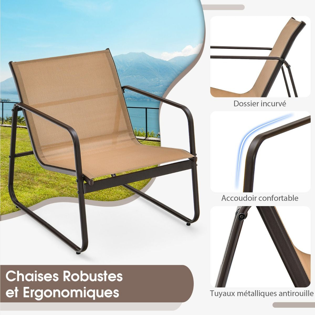 Salon De Jardin 3 PCS En Textilène Anti-Uv Table Basse En Verre Trampé Cadre En Métal Marron/Noir