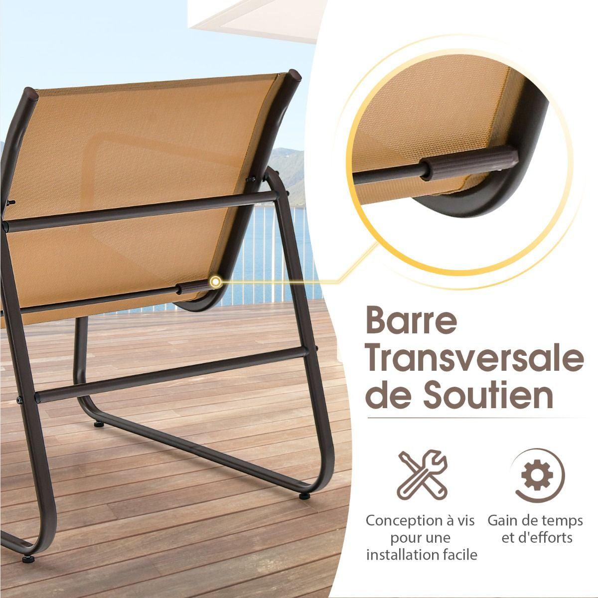 Salon De Jardin 3 PCS En Textilène Anti-Uv Table Basse En Verre Trampé Cadre En Métal Marron/Noir