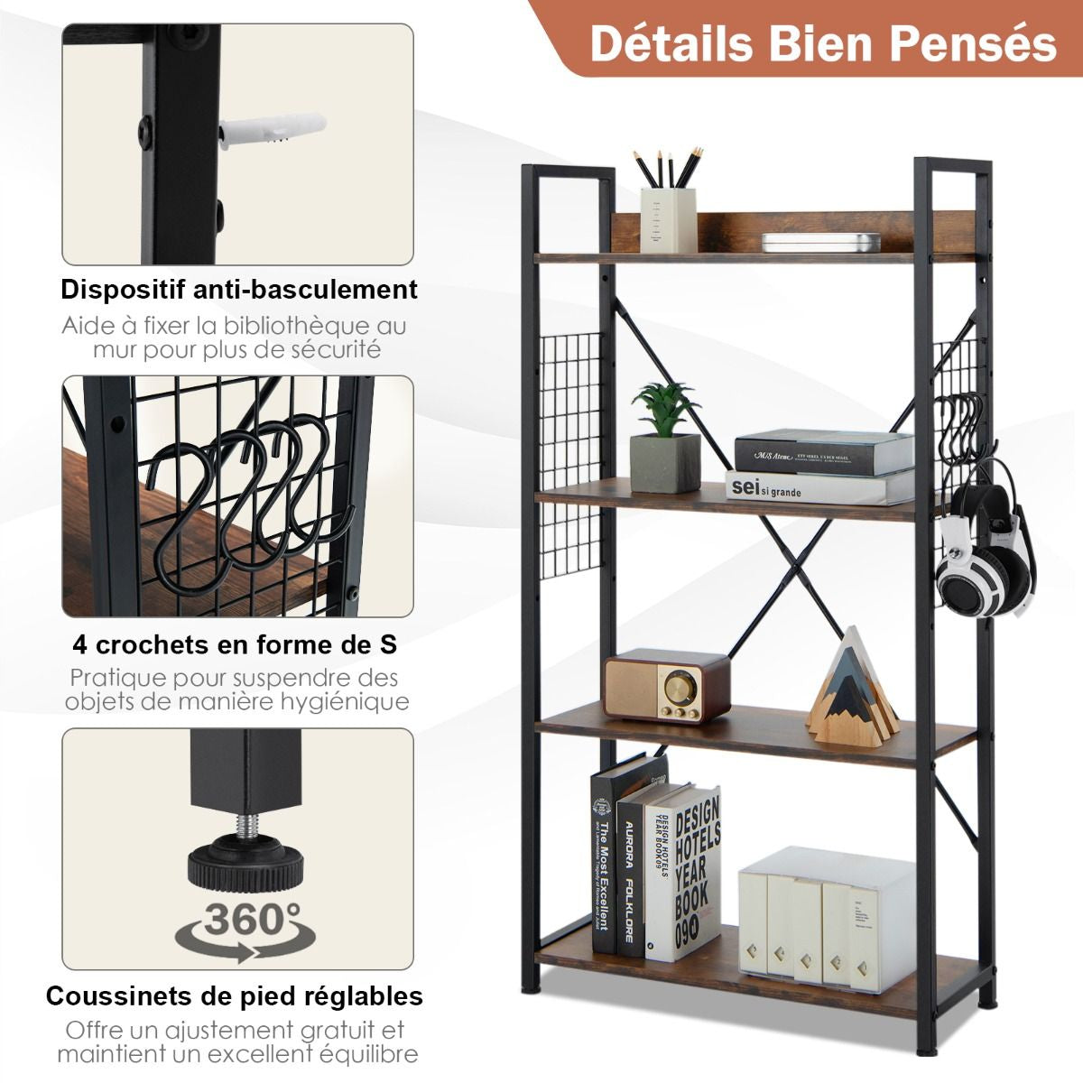 Étagère Industrielle À 4 Niveaux Bibliothèque Multifonctionnelle Avec Patins Et Étagère Réglables Pour Salon Bureau 64 X 24 X 110 Cm Café