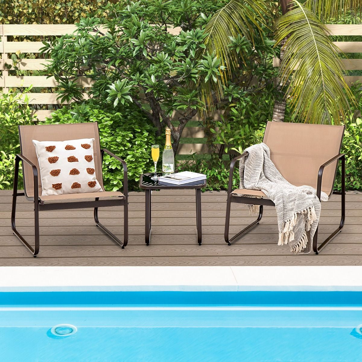 Salon De Jardin 3 PCS En Textilène Anti-Uv Table Basse En Verre Trampé Cadre En Métal Marron/Noir