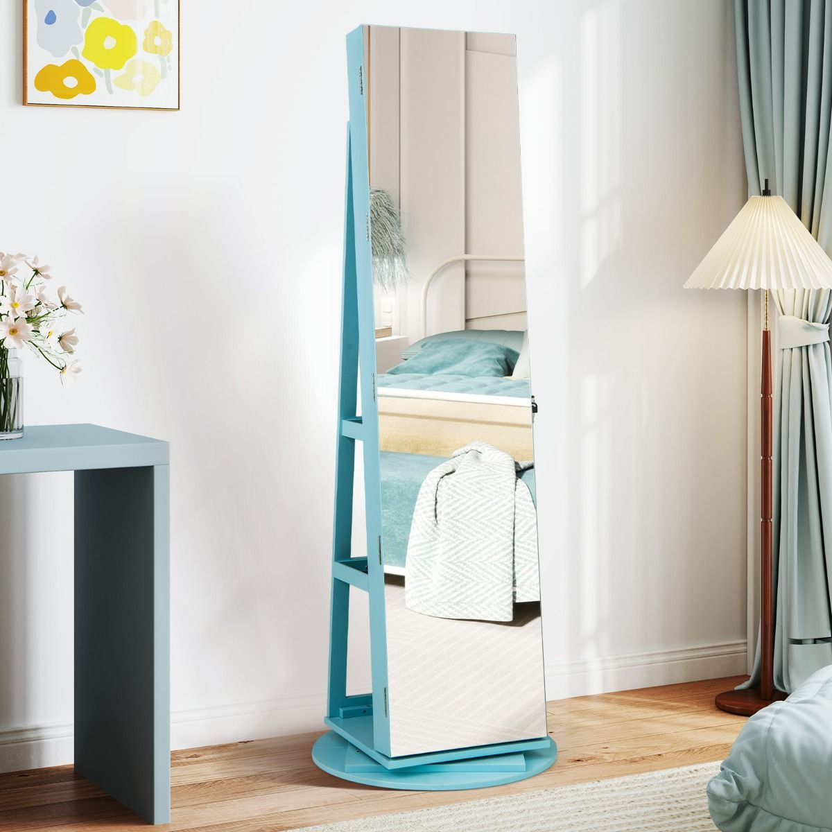 Armoire À Bijoux Pivotante À 360°Avec Lumières LED 3 Couleurs Miroir Pleine Longueur Et Étagère 3 Niveaux En Arrière 10 Couleurs Au Choix