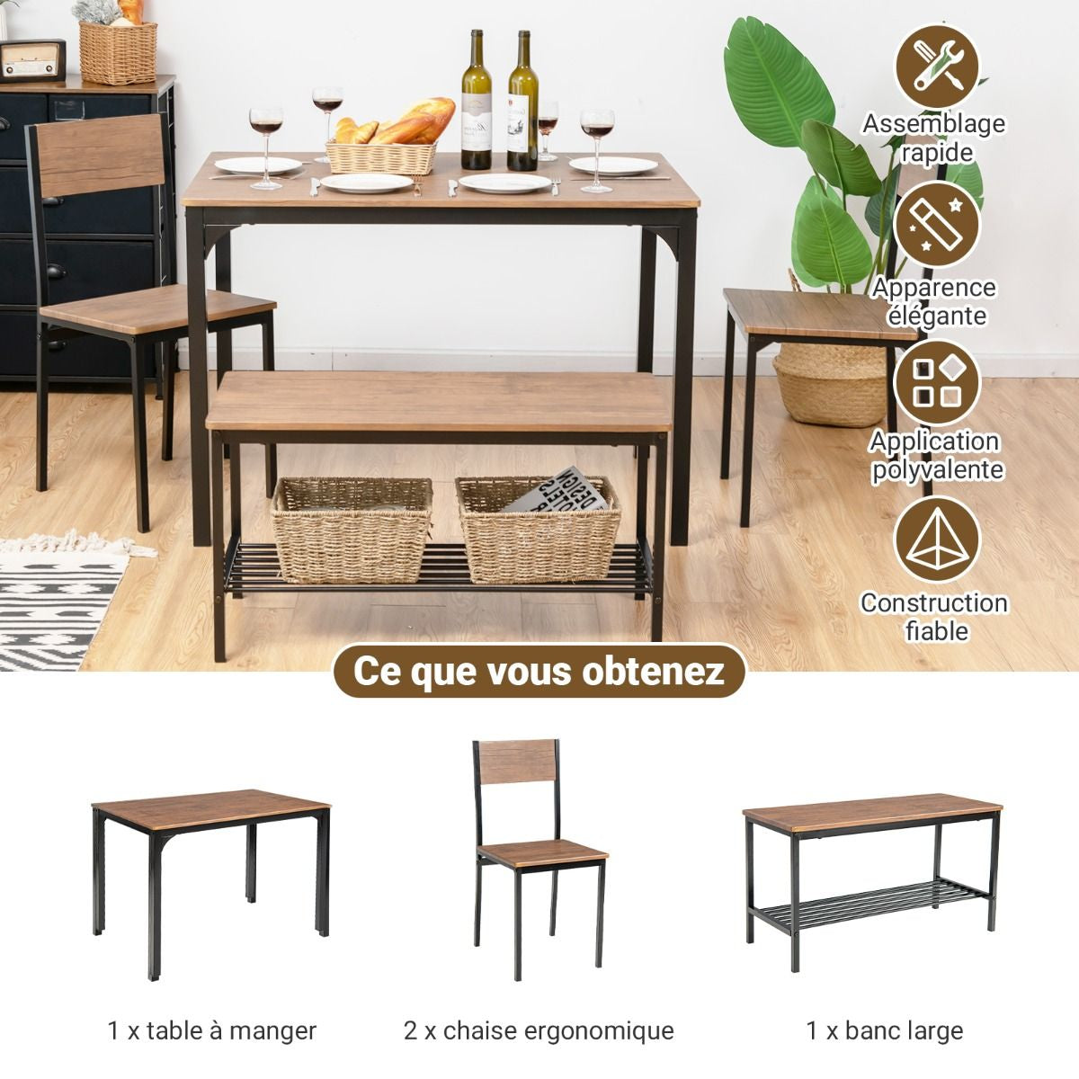 Ensemble Table Et 2 Chaise 1 Banc 4 Personnes Style Industriel Structure En Métal Pour Salle À Manger Restaurant Cuisine Marron/Gris/Café
