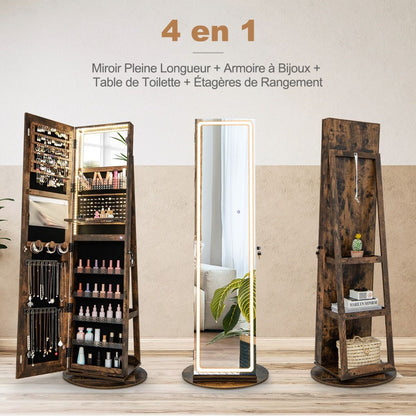 Armoire À Bijoux Avec Miroir Sur Pieds Pivotant 360° Grand Miroir Psyché Sans Cadre Avec LED Verrouillable Placard Beauté 3 Étagères Blanc/Café