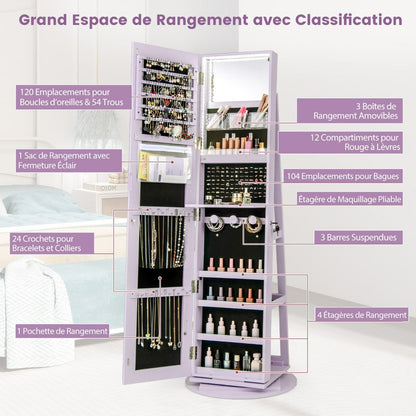 Armoire À Bijoux Pivotante À 360°Avec Lumières LED 3 Couleurs Miroir Pleine Longueur Et Étagère 3 Niveaux En Arrière 10 Couleurs Au Choix