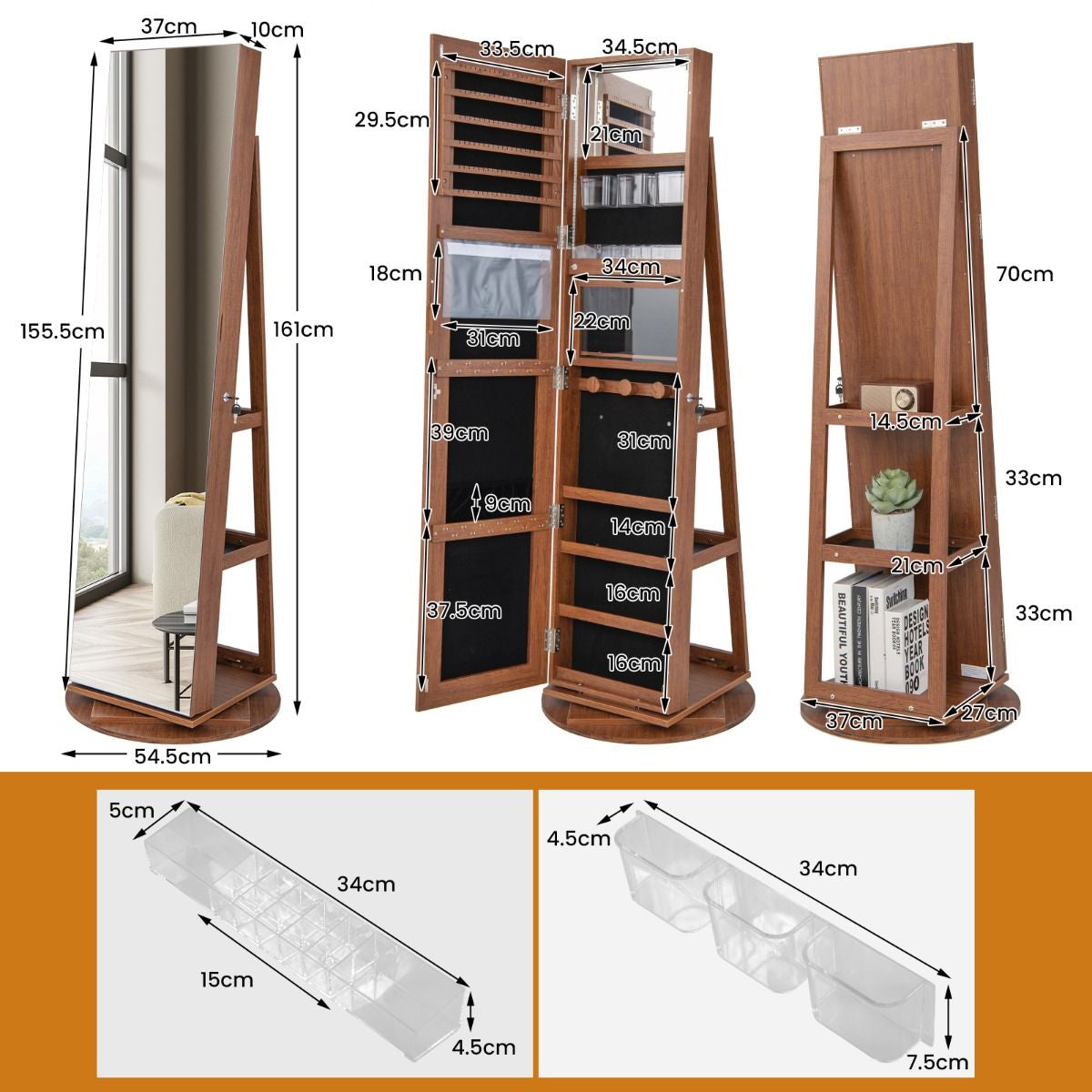Armoire À Bijoux Pivotante À 360°Avec Lumières LED 3 Couleurs Miroir Pleine Longueur Et Étagère 3 Niveaux En Arrière 10 Couleurs Au Choix