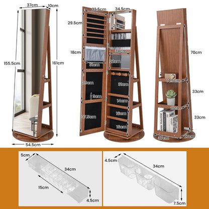 Armoire À Bijoux Pivotante À 360°Avec Lumières LED 3 Couleurs Miroir Pleine Longueur Et Étagère 3 Niveaux En Arrière 10 Couleurs Au Choix